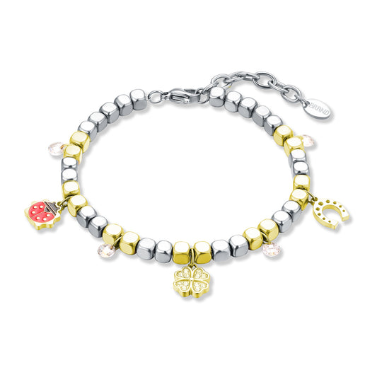 Bracciale Ferro di Cavallo Quadrifoglio e Coccinella Color Oro e Acciaio