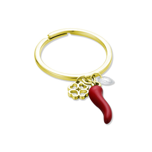 Anello con Cornetto e Quadrifoglio Pendenti Gold