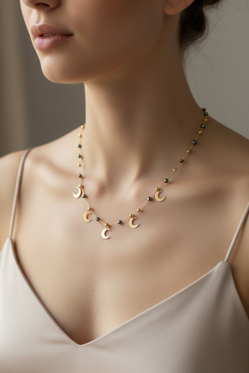 Spheres, Moons, and Gold PVD Hematite Necklace