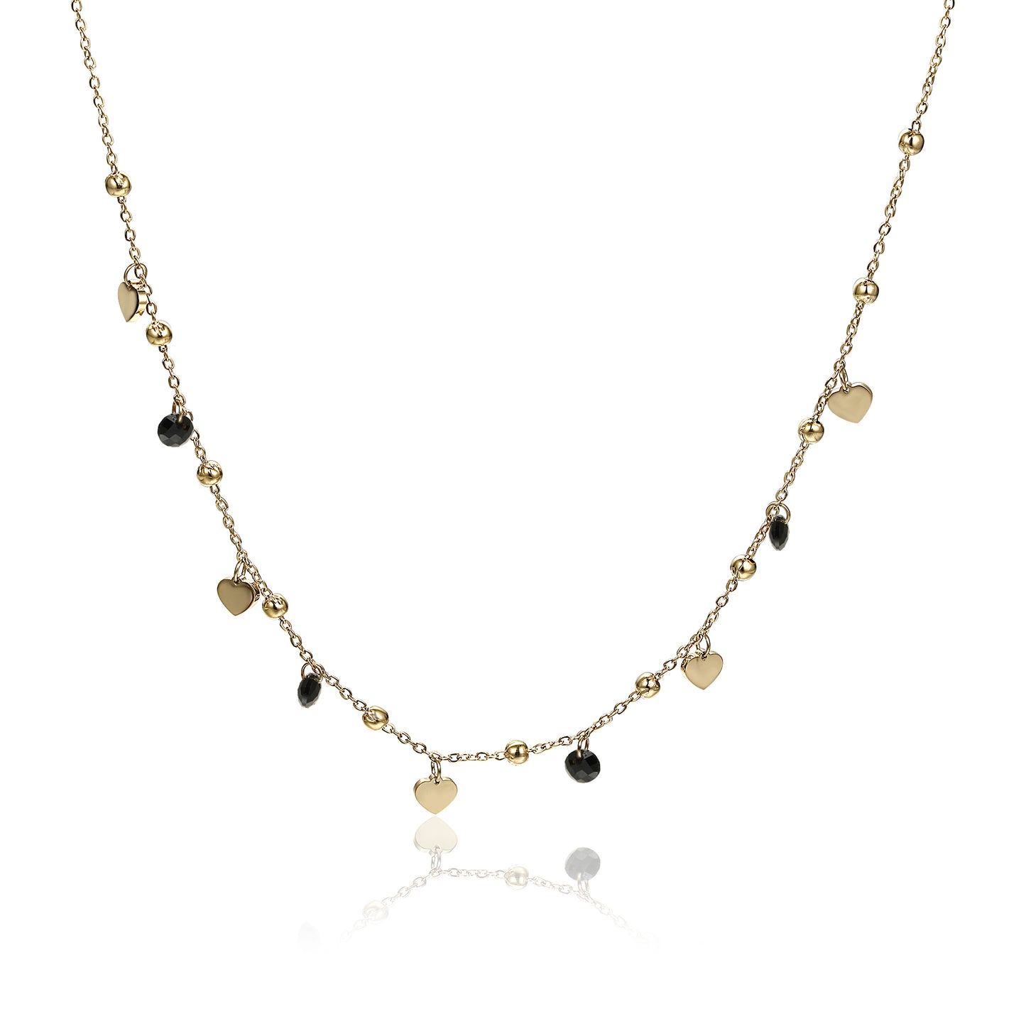 Collana Cuori Oro e Cristalli Neri